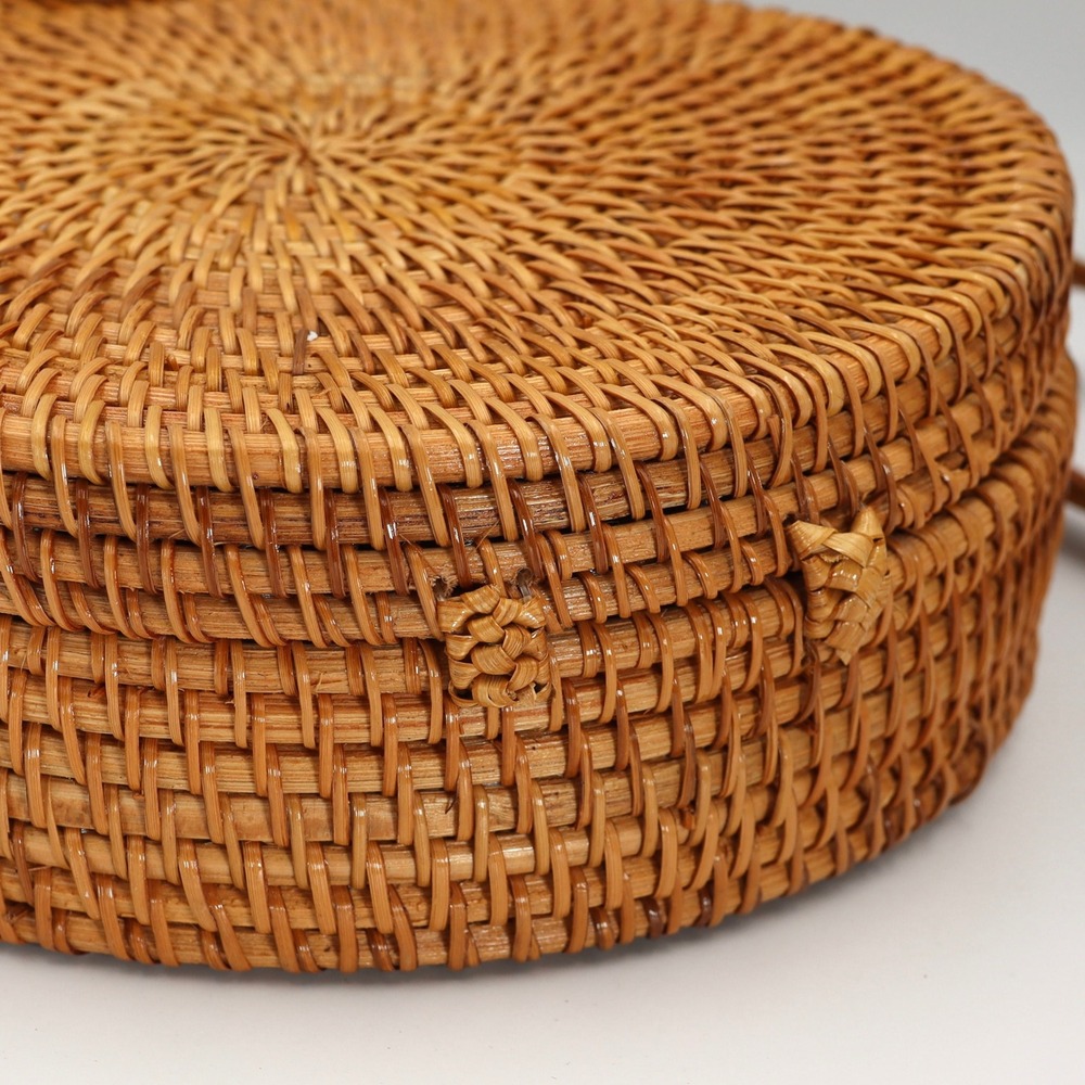 Rattan Crossbody Bag Circular Women Woven Floral Lining Boho Summer Beach Purse - Picture 4 of 9